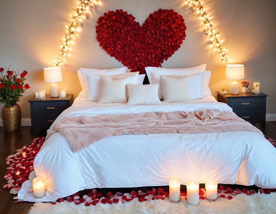 A serene and inviting bedroom scene with soft, warm lighting, showcasing an intimate setting featuring luxurious pillows, candles, and rose petals scattered on the bed. Add a couple share a playful moment, embodying joy and connection, surrounded by heart-shaped decor. Include elements representing self-care, like skincare products and a cozy blanket, to emphasize the theme of nurturing relationships. soft focus. vibrant colors. modern aesthetic.