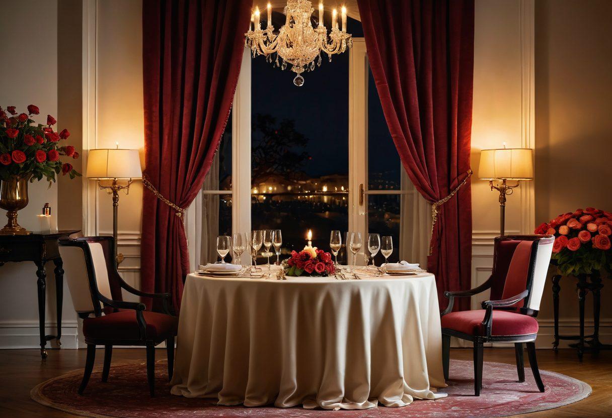 A romantic dining setting with flickering candlelight, soft velvet drapes, and an elegant table adorned with roses, wine glasses, and a delectable dessert. Subtle silhouettes of intertwined figures in the background exuding intimacy and allure, enhancing the aura of desire. A warm golden glow envelops the scene, symbolizing pleasure and well-being. painterly style. warm tones. ethereal atmosphere.